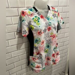 IFLEX CHEROKEE women v-neck short sleeve black-white floral scrubs top/size XS